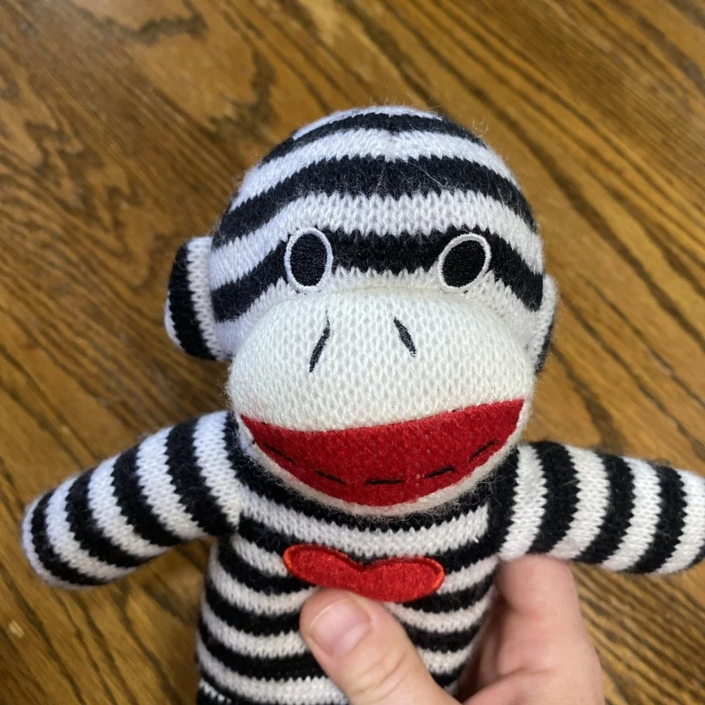 Dan‎ Dee Sock Monkey Knit Black & White Red embroidered Heart Sewn Eyes Plush 9